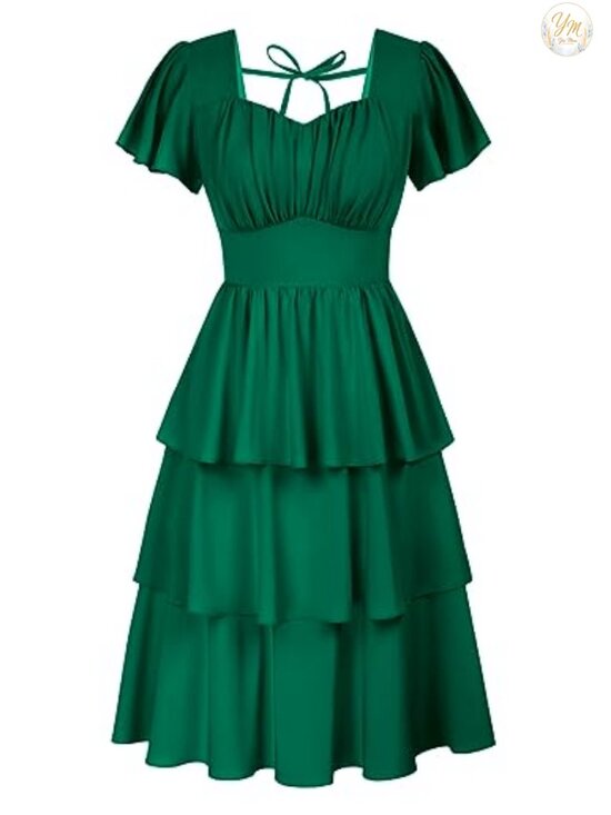 Dresses & Skirts - Square Neck Smocked Back Tiered Midi Dress with Puff Sleeves